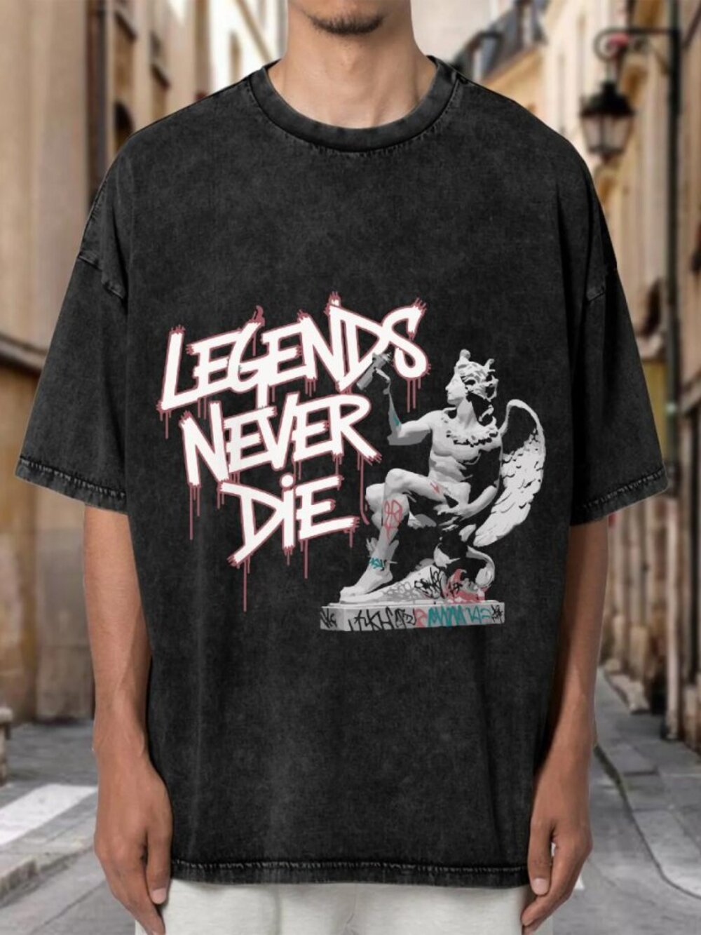 Vintage Wash Legends Never Die Graphic Oversized Tee Streetwear-AJERZKEVCJ01